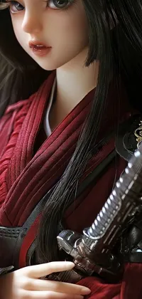This stunning live wallpaper features a detailed close up of a doll in a red uniform holding a sword, with an assassin-like expression on her face