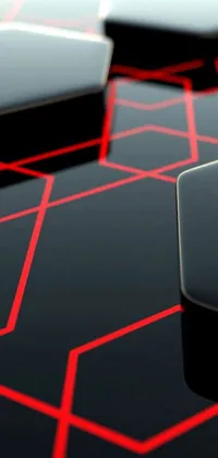 This phone live wallpaper showcases stunning digital art by an accomplished artist, with a sleek black and red reflective armor backdrop and intricate geometric polygons
