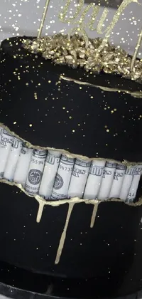 Introducing a phone live wallpaper depicting a hyperrealistic cake on a table covered in money