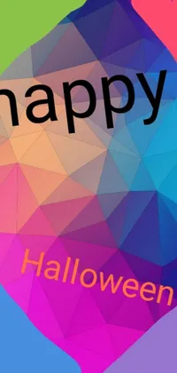 This live phone wallpaper boasts a colorful poster, with "Happy Halloween" in a bold font, stunning photo, tumblr and polygon art, an array of emoticons, LGBTQ+ symbols, and "EU" abbreviation