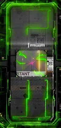 This HD phone live wallpaper features an up-close view of the inner workings of a computer, including a detailed data center with glowing green neon details and pulsing circuitry lines