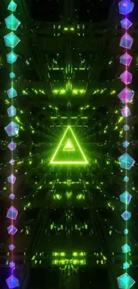 This phone live wallpaper features a stunning neon triangle floating in space, emitting a vibrant green glow that illuminates the surrounding area