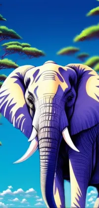 This phone live wallpaper showcases a stunning graphical illustration of an elephant standing in lush grass