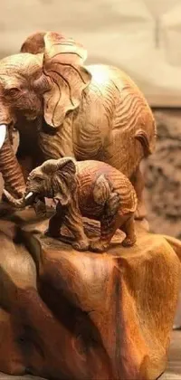 This phone live wallpaper showcases a stunning sculpture of an elephant and baby elephant on a rock
