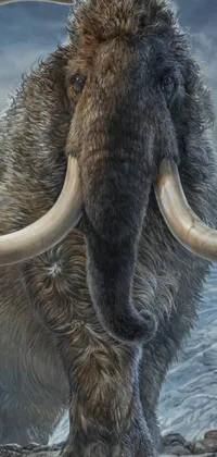 This live wallpaper features a fantastic painting of a woolly mammoth standing in the snow