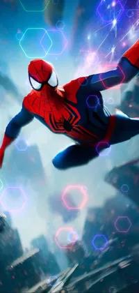 Decorate your phone with a dynamic Spider-Man live wallpaper! In this stunning digital artwork, Spider-Man in his iconic suit is seen flying through the air against a matte backdrop