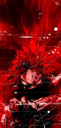 This phone live wallpaper displays a captivating anime figure donning vibrant, spiky red hair against a vivid red backdrop