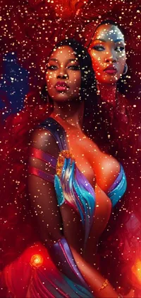 This phone live wallpaper showcases stunning digital art featuring two women styled as Fire Goddesses