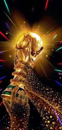 This stunning live wallpaper showcases a close-up of a soccer ball being held with a golden cup and sparkling dew in the background
