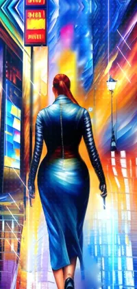 This phone live wallpaper features a vibrant and detailed oil painting depicting a confident woman walking down a bustling city street