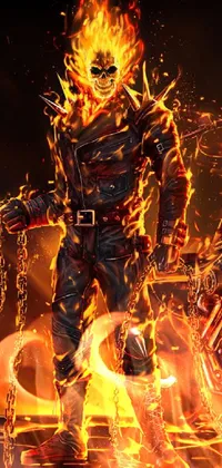 This fiery phone live wallpaper features an edgy man standing beside his motorcycle