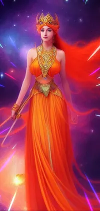 This phone live wallpaper boasts stunning digital art of a goddess in an orange dress clutching a sword against a cosmic backdrop