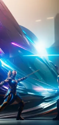 This phone live wallpaper features a couple brandishing a futuristic sword with a still from Avengers Endgame, remastered with chromatic aberration