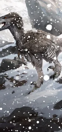 This live wallpaper features a fierce velociraptor, depicted in amazing detail on a snowy background