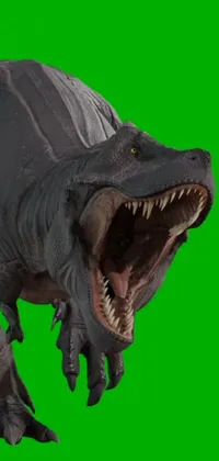 This amazing phone live wallpaper features a strikingly realistic image of a roaring dinosaur against a green background