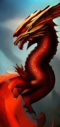 "Transform your phone's wallpaper with this stunning live wallpaper featuring a red dragon sitting atop a lush green field