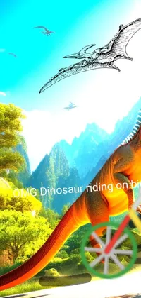 This live phone wallpaper features a stunning design of a dinosaur riding on a bicycle, with amazing realistic details