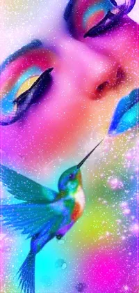This live wallpaper features a colorful and bold design with a beautiful hummingbird alongside a woman with vibrant makeup