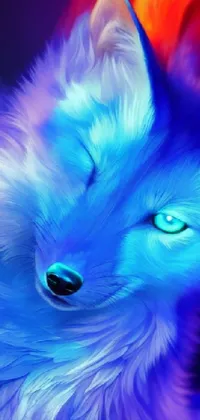 This live phone wallpaper depicts a close-up of a beautiful and majestic blue-eyed fantasy fox against a dark background, illuminated by blue neon lights