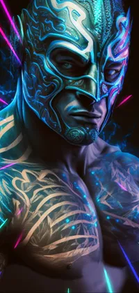 Looking for a striking live wallpaper for your phone? Check out this captivating design featuring a male wrestler adorned with an intricate chest tattoo and patterns on his face