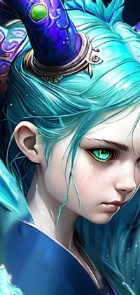 This live wallpaper features a stunning fae teenage girl with vibrant blue hair and mesmerizing green eyes