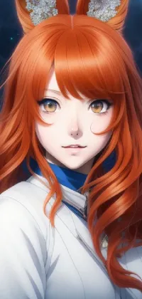 This phone live wallpaper features a red-haired woman wearing bunny ears in a vibrant anime style
