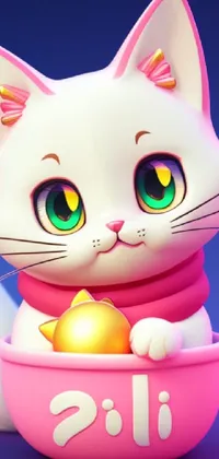 This mobile live wallpaper features a white feline with green eyes sitting in a pink bowl