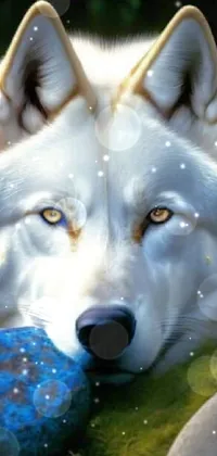 This phone live wallpaper showcases a photorealistic wolf lying on a lush green field scattered with white stones