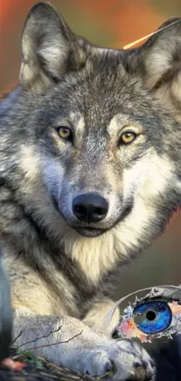 This phone live wallpaper showcases a stunning close-up of a wolf in autumn