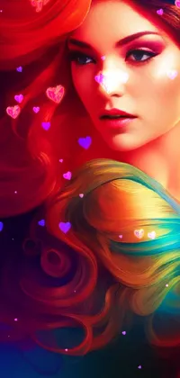 This phone live wallpaper depicts a stunning digital painting of a woman with bright red hair in an art nouveau-style