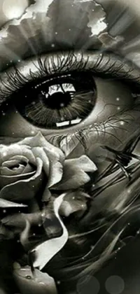 This stunning live wallpaper showcases a striking close-up of an eye surrounded by a detailed drawing of a rose