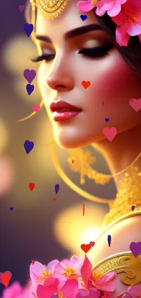 This live wallpaper features a captivating image of a woman adorned with flowers, beautifully illustrated in a cartoon style