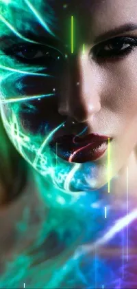 Get captivated by this stunning, CGSociety-trending airbrush painting perfect for your phone's wallpaper! This vivid image features a detailed holographic woman with futuristic glowing face paint, enticing bold lightning strokes and an undeniable aura of otherworldly beauty