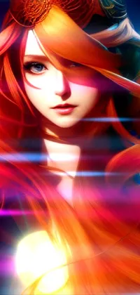 This phone live wallpaper captures the mesmerizing beauty of a woman with long red hair in fantastic anime-style art