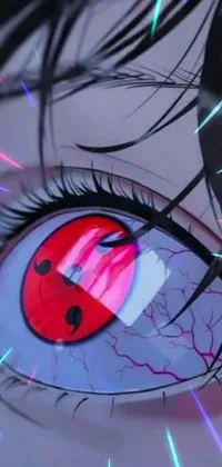 This anime phone live wallpaper showcases a stunning close-up of vivid red eyes with a charming ladybug atop