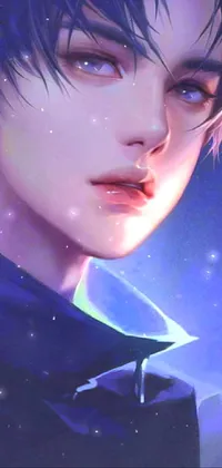 This phone live wallpaper features a stunning portrait of a male android with dark hair and smooth blue skin