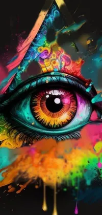 This live phone wallpaper features a vibrant, multi-colored eye design set on a bold black background