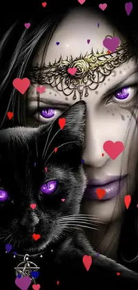 This gothic live wallpaper features a stunning scene of a woman with purple eyes holding a black cat