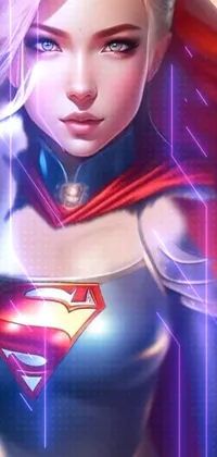 This live phone wallpaper features a stunning close-up of a blonde cyborg woman in a Superman costume