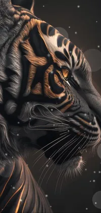 This live phone wallpaper showcases a stunningly detailed close-up of a tiger set against a black background