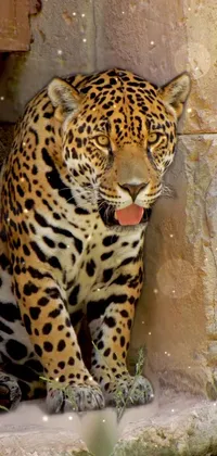This phone live wallpaper depicts a fierce and wild leopard sitting on a stone ledge