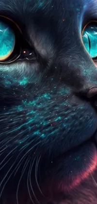 This close-up cat live wallpaper boasts a stunning digital art design complete with mesmerizing galaxy eyes