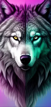 This live wallpaper features a strikingly symmetrical close-up of a wolf's face against a background of vivid neon colors