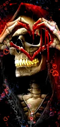 This phone live wallpaper features a captivating close up of a person wearing a skeleton mask with heart shapes in the background