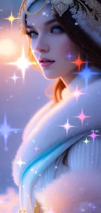 This phone live wallpaper showcases a stunning digital artwork featuring a woman standing in a snowy landscape, with an artstyle reminiscent of fantasy art