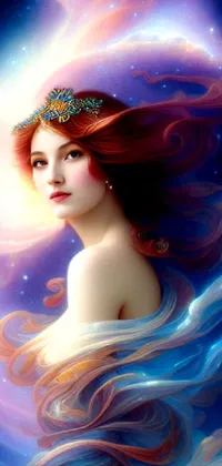 This stunning live wallpaper for your phone features a beautiful painting of a woman with long flowing hair in the whimsical fantasy art style, set against a backdrop of mesmerizing stars