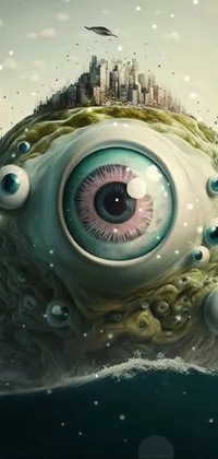 This live wallpaper for your phone features an elegantly rendered, Lovecraftian-inspired eyeball floating above a vibrant, turquoise body of water