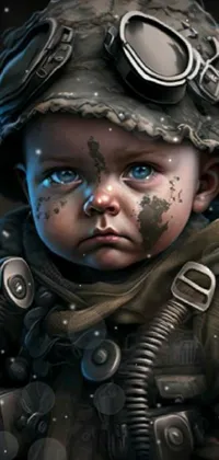 This phone live wallpaper displays a close-up image of a young child wearing a gas mask