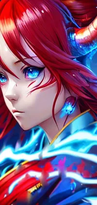 This phone live wallpaper features an anime drawing of a woman with red hair and horns on her head