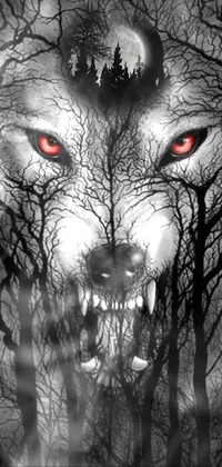 Looking for a striking live wallpaper for your phone? Check out this black and white image of a wolf with red eyes set against a scary, dark forest